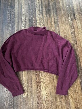 Free People 100% Cashmere Cropped Ballon Sleeve Turtleneck Burgundy Sweater Sz S